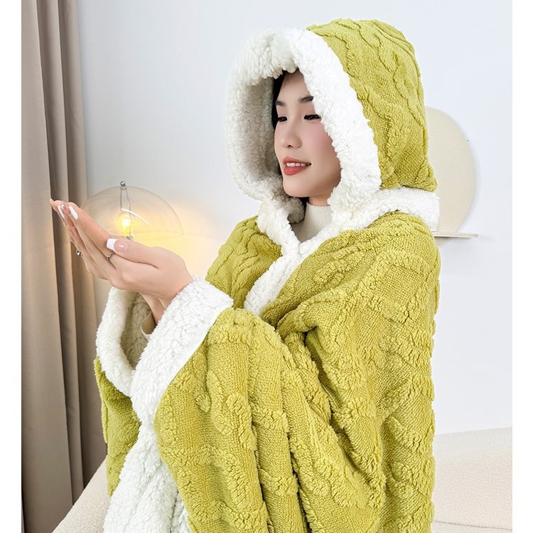 Kapuljača deka za ured – 300 g koralni fleece, geometrijski uzorak, 100% poliester, proljeće/jesen, s funkcijom skladištenja