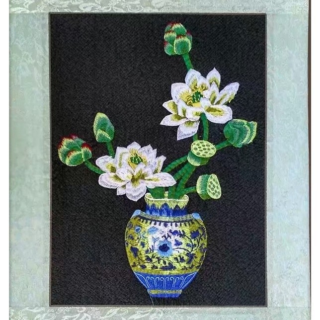 Auduma izšuvumu dekoratīvā glezna, Su izšuvums, 11CT, Augu ziedu raksts, Pabeigts produkts