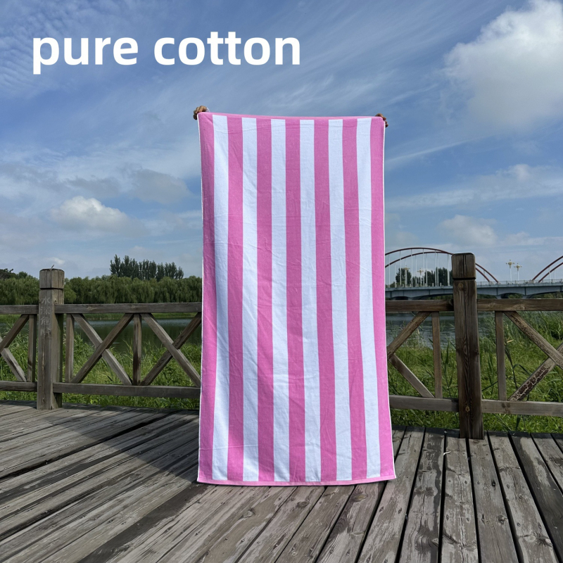Ručník za kupanje i plažu – 100% pamuk, jacquard tkalo s izrezanim velurom prugama, bojano po niti, 32 niti, gustoća tkanja 140–170 g/m²