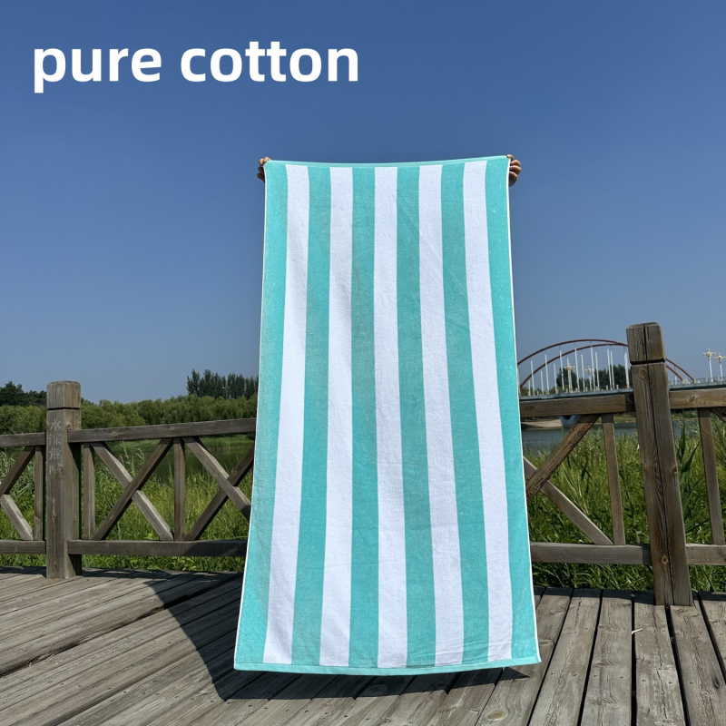 Ručník za kupanje i plažu – 100% pamuk, jacquard tkalo s izrezanim velurom prugama, bojano po niti, 32 niti, gustoća tkanja 140–170 g/m²