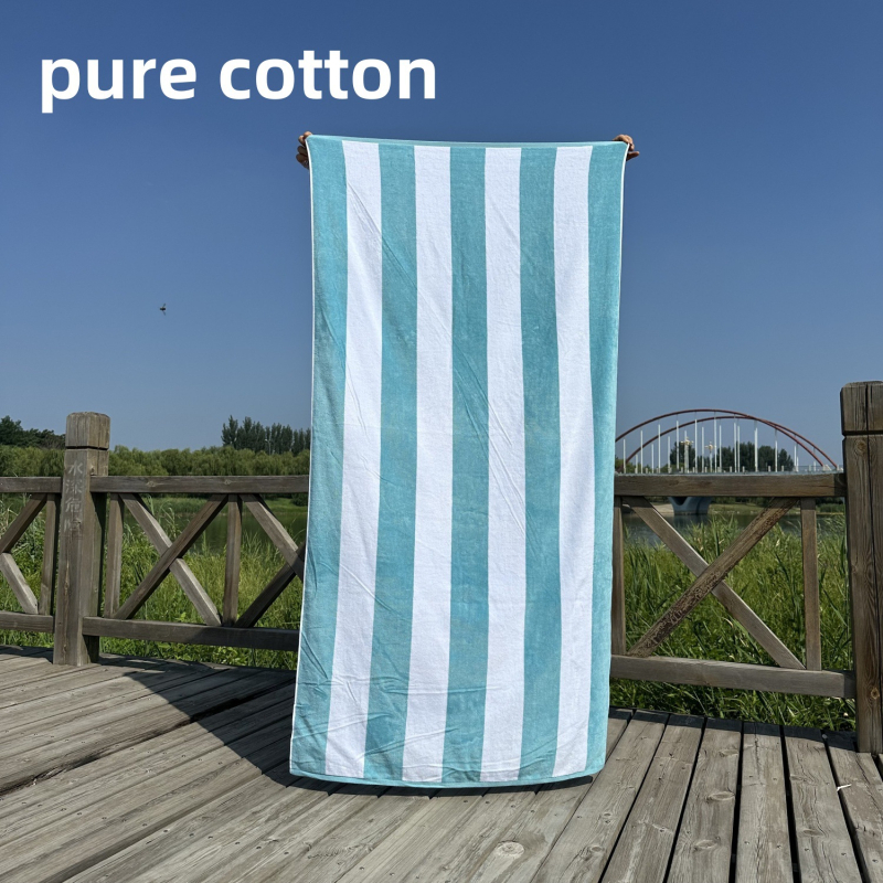 Ručník za kupanje i plažu – 100% pamuk, jacquard tkalo s izrezanim velurom prugama, bojano po niti, 32 niti, gustoća tkanja 140–170 g/m²