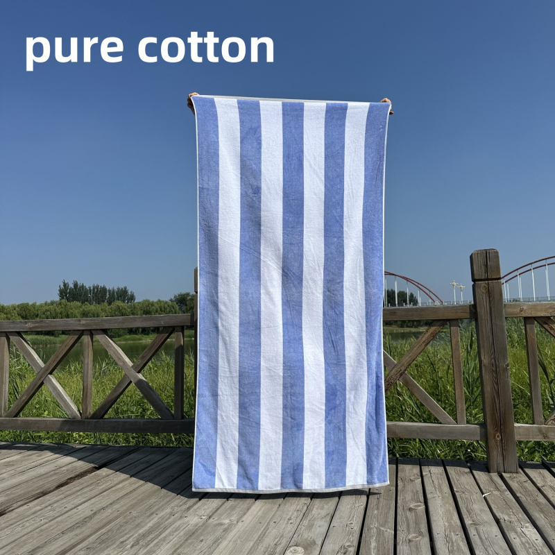 Ručník za kupanje i plažu – 100% pamuk, jacquard tkalo s izrezanim velurom prugama, bojano po niti, 32 niti, gustoća tkanja 140–170 g/m²