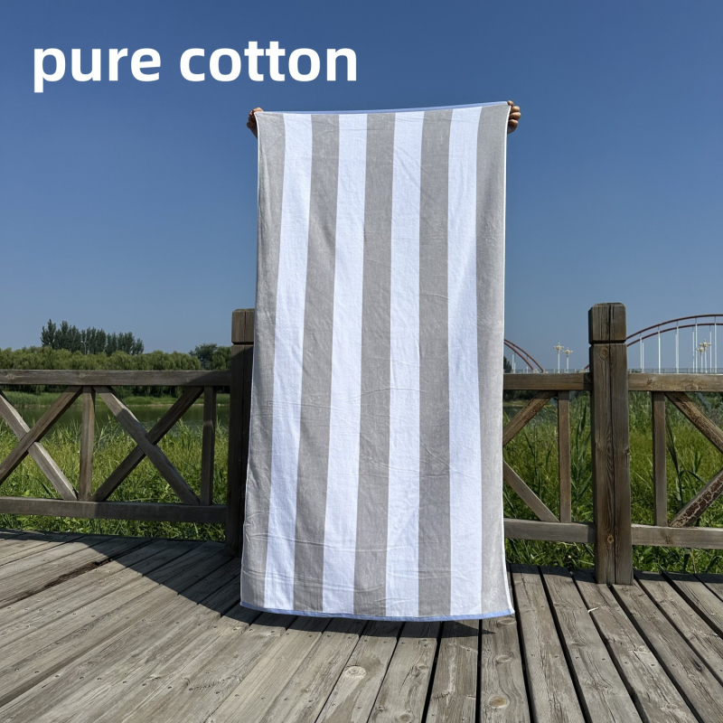 Ručník za kupanje i plažu – 100% pamuk, jacquard tkalo s izrezanim velurom prugama, bojano po niti, 32 niti, gustoća tkanja 140–170 g/m²