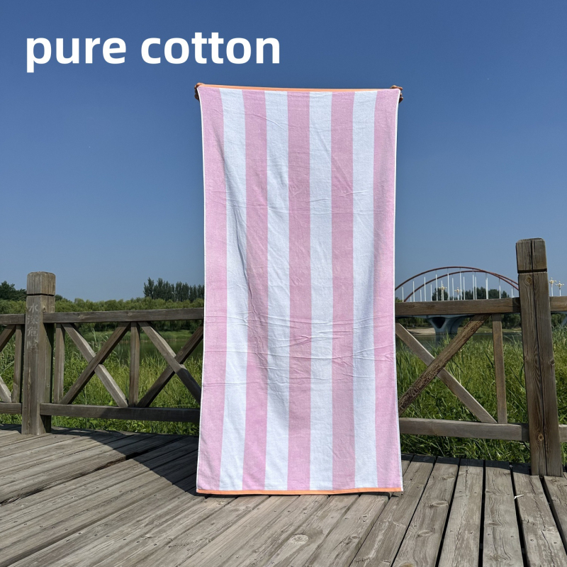 Ručník za kupanje i plažu – 100% pamuk, jacquard tkalo s izrezanim velurom prugama, bojano po niti, 32 niti, gustoća tkanja 140–170 g/m²