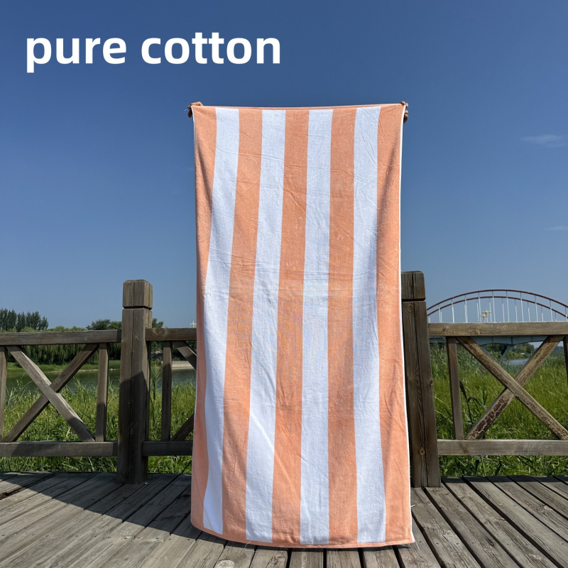 Ručník za kupanje i plažu – 100% pamuk, jacquard tkalo s izrezanim velurom prugama, bojano po niti, 32 niti, gustoća tkanja 140–170 g/m²