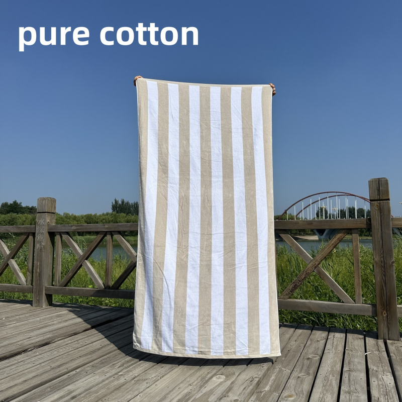 Ručník za kupanje i plažu – 100% pamuk, jacquard tkalo s izrezanim velurom prugama, bojano po niti, 32 niti, gustoća tkanja 140–170 g/m²