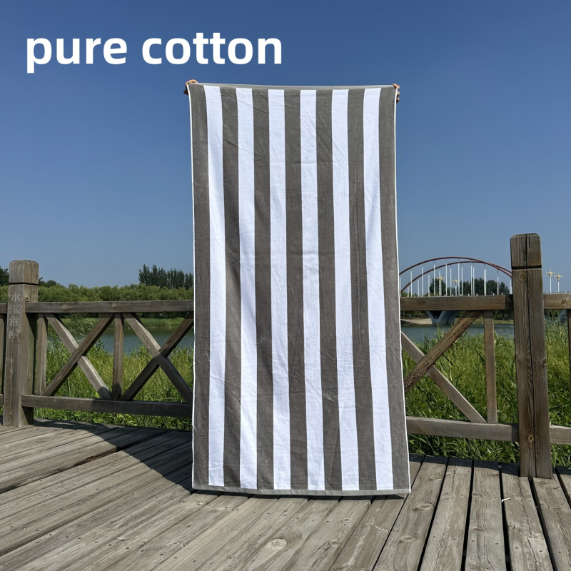 Ručník za kupanje i plažu – 100% pamuk, jacquard tkalo s izrezanim velurom prugama, bojano po niti, 32 niti, gustoća tkanja 140–170 g/m²