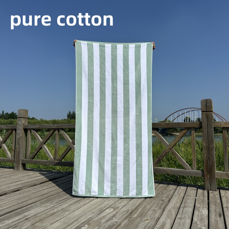 Ručník za kupanje i plažu – 100% pamuk, jacquard tkalo s izrezanim velurom prugama, bojano po niti, 32 niti, gustoća tkanja 140–170 g/m²