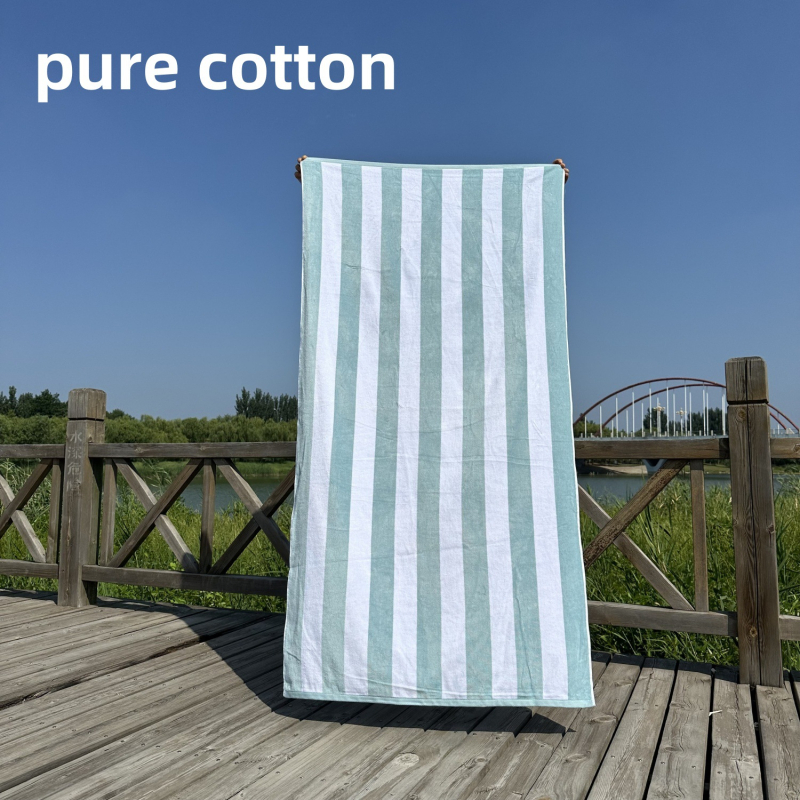 Ručník za kupanje i plažu – 100% pamuk, jacquard tkalo s izrezanim velurom prugama, bojano po niti, 32 niti, gustoća tkanja 140–170 g/m²