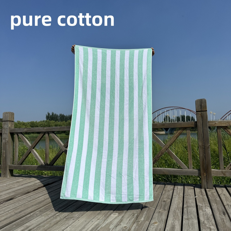 Ručník za kupanje i plažu – 100% pamuk, jacquard tkalo s izrezanim velurom prugama, bojano po niti, 32 niti, gustoća tkanja 140–170 g/m²