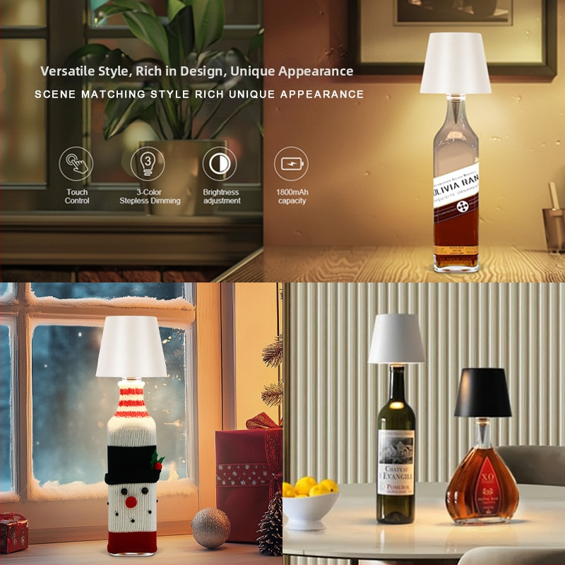 Лампа за маса във формата на винена бутилка, пластмасов корпус, USB зареждане, амбиентно осветление, RGB трисцветно димиране, сензорно управление