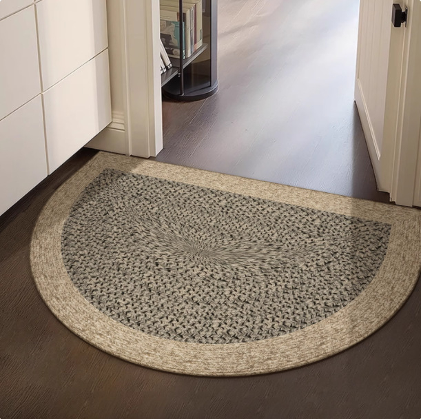 Félkör alakú bejárati szőnyeg geometriai mintával, hurkolt velúr, mosható