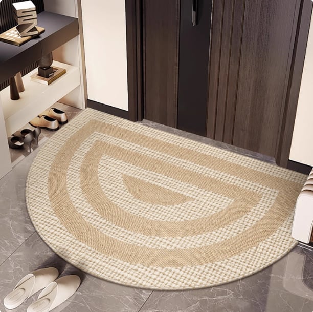 Félkör alakú bejárati szőnyeg geometriai mintával, hurkolt velúr, mosható