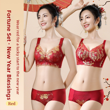 Női melltartó készlet — vezeték nélküli Push-Up, oldalsó emelés, anti-sag, 3/4 kosár, fix pántok, hátsó négy sor kapocs