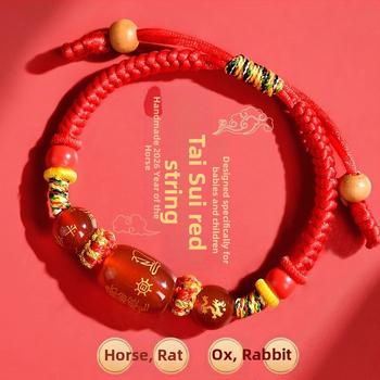 Unisex narukvica od cinnabara s graviranim zodijakalnim životinjama (konj, štakor, bik, zec) amulet zaštite - ručni ukras, proljeće 2025