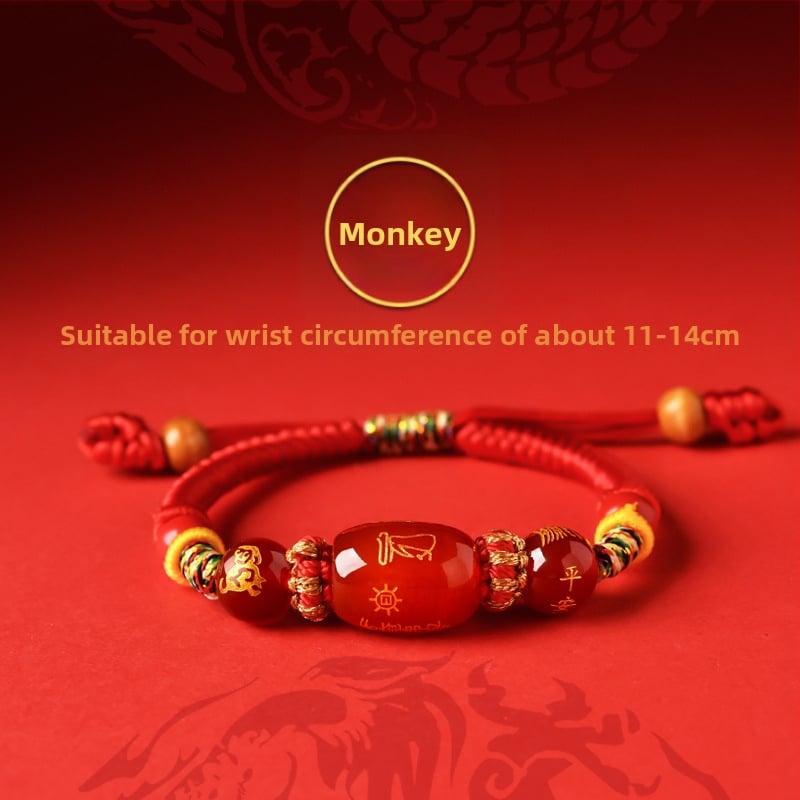 Unisex narukvica od cinnabara s graviranim zodijakalnim životinjama (konj, štakor, bik, zec) amulet zaštite - ručni ukras, proljeće 2025