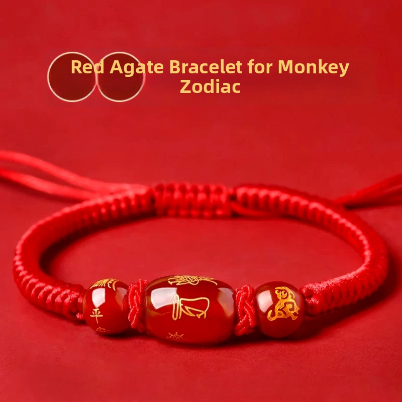 Unisex narukvica od cinnabara s graviranim zodijakalnim životinjama (konj, štakor, bik, zec) amulet zaštite - ručni ukras, proljeće 2025