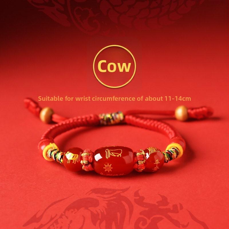 Unisex narukvica od cinnabara s graviranim zodijakalnim životinjama (konj, štakor, bik, zec) amulet zaštite - ručni ukras, proljeće 2025