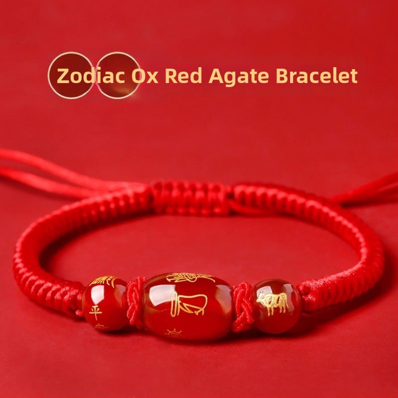 Unisex narukvica od cinnabara s graviranim zodijakalnim životinjama (konj, štakor, bik, zec) amulet zaštite - ručni ukras, proljeće 2025