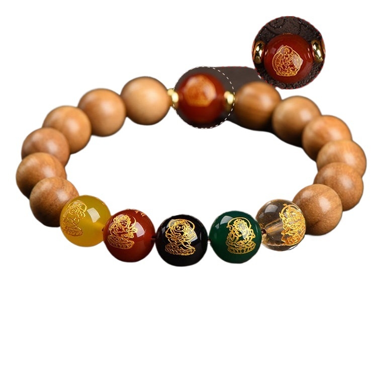 Barackfafából készült karkötő, kézzel készített, uniszex ima gyöngyökkel – a Zodiákus védője és az Öt Irány Istene a Gazdagságnak