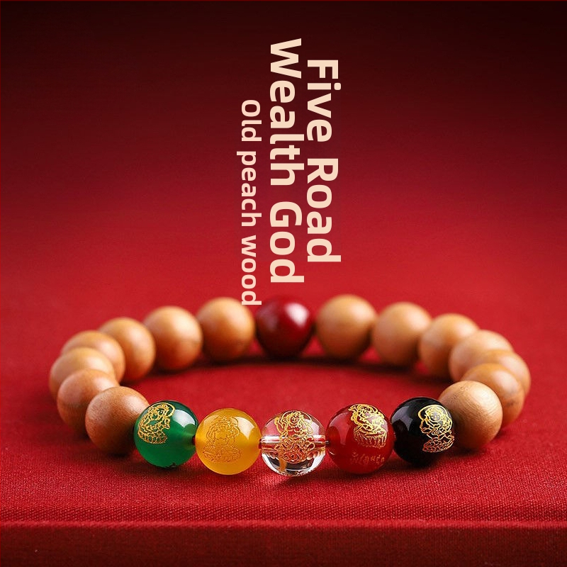 Ručne vyrobený náramok z broskového dreva, unisex modlitebný korálik s Ochrancom zverokruhu a bohom bohatstva piatich smerov