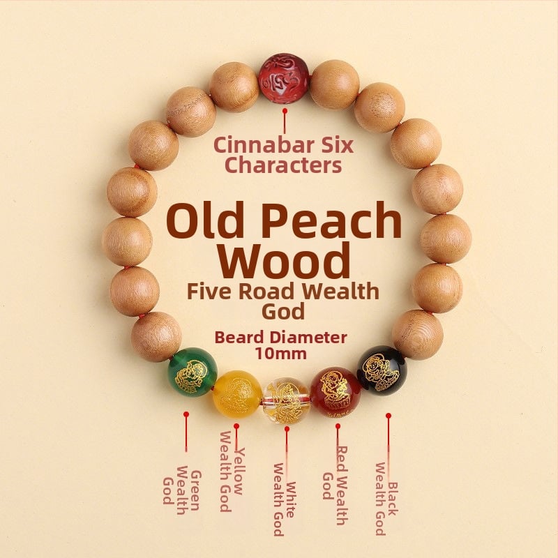 Barackfafából készült karkötő, kézzel készített, uniszex ima gyöngyökkel – a Zodiákus védője és az Öt Irány Istene a Gazdagságnak