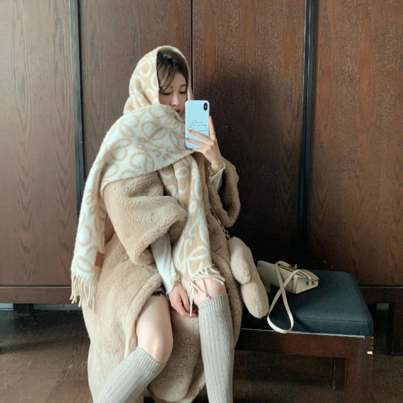 Ženski šal od umjetnog kašmira, žakardno pletenje s resicama, karirani uzorak, poliester