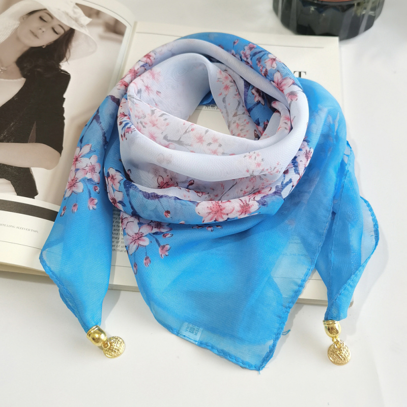 Șal din chiffon pătrat, imprimeu de vară, poliester, țesătură warp