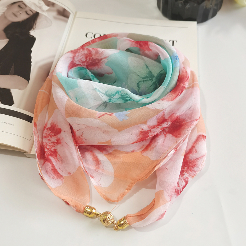 Șal din chiffon pătrat, imprimeu de vară, poliester, țesătură warp