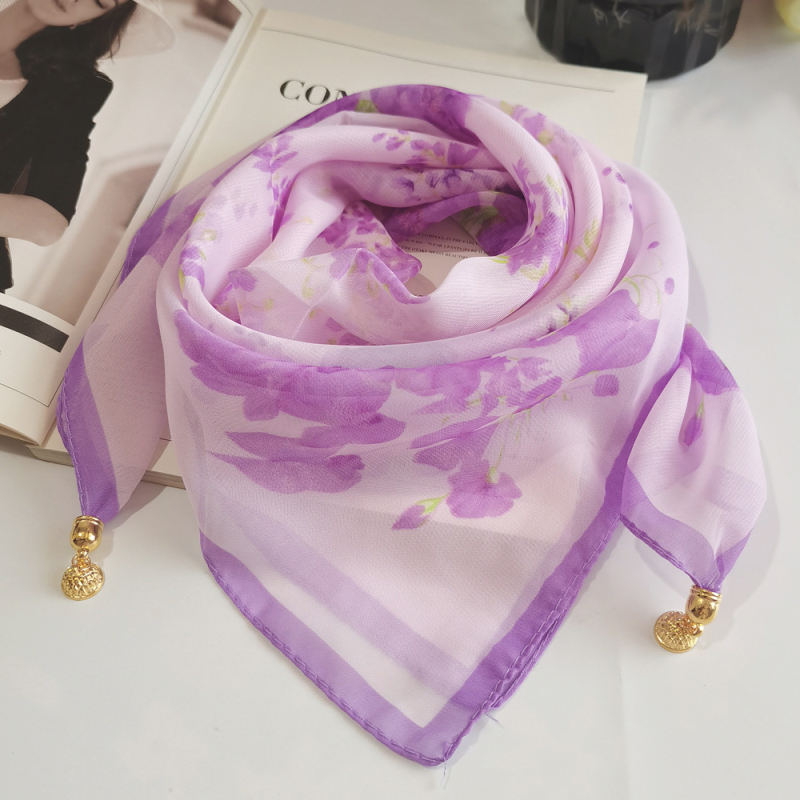 Șal din chiffon pătrat, imprimeu de vară, poliester, țesătură warp