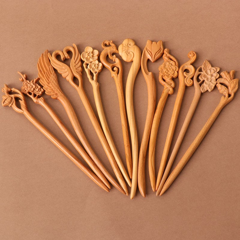 Koka divpusēja gravēta matu saspraude, antīkā retro stils, ģeometrijisks dizains, pielāgošana pieejama