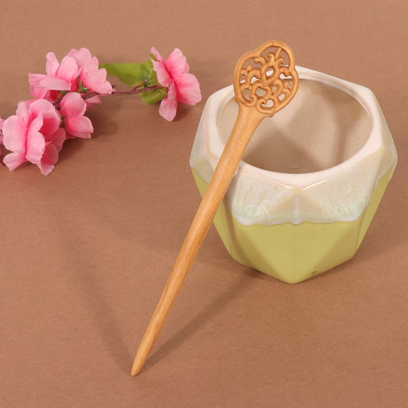 Koka divpusēja gravēta matu saspraude, antīkā retro stils, ģeometrijisks dizains, pielāgošana pieejama