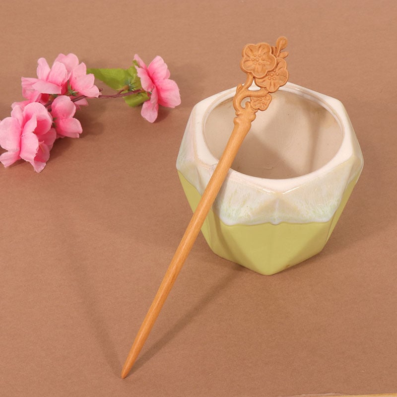 Koka divpusēja gravēta matu saspraude, antīkā retro stils, ģeometrijisks dizains, pielāgošana pieejama