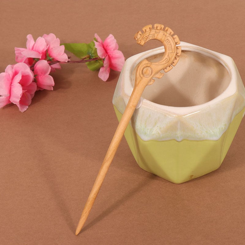 Koka divpusēja gravēta matu saspraude, antīkā retro stils, ģeometrijisks dizains, pielāgošana pieejama