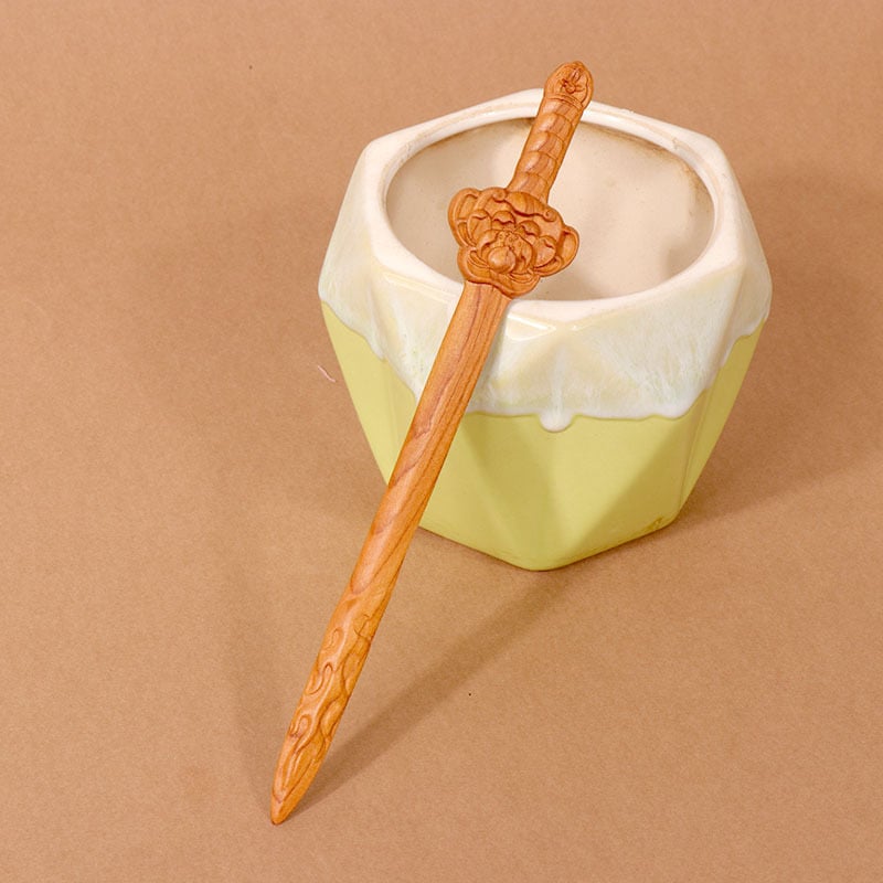 Koka divpusēja gravēta matu saspraude, antīkā retro stils, ģeometrijisks dizains, pielāgošana pieejama