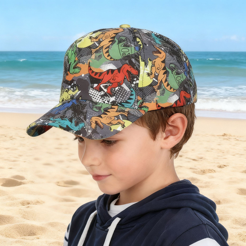 Dječja baseball kapa s digitalnim printom dinosaura, poliester, zakrivljeni rub, zaobljena kruna, za uzrast 2-6 godina