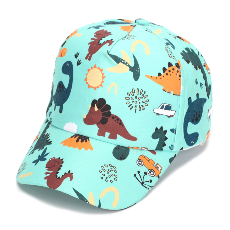 Dječja baseball kapa s digitalnim printom dinosaura, poliester, zakrivljeni rub, zaobljena kruna, za uzrast 2-6 godina