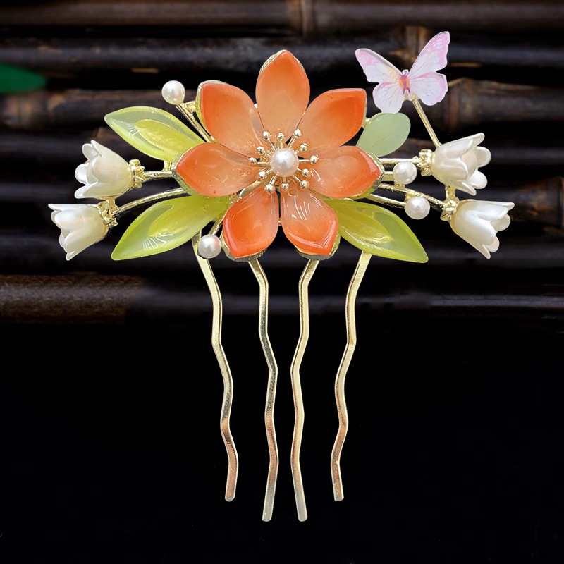 Античен стил дамска украса за коса с цвете, сплав и перлени вложки
