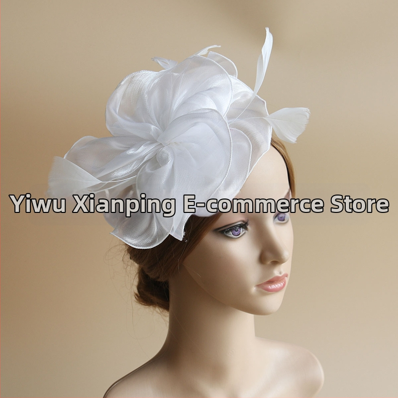 Galvas rotājums ar sietu, spalvu akcentiem un organza plīvuru, rokas darbs, stils Ruili, MSM-052, pielāgošana pieejama