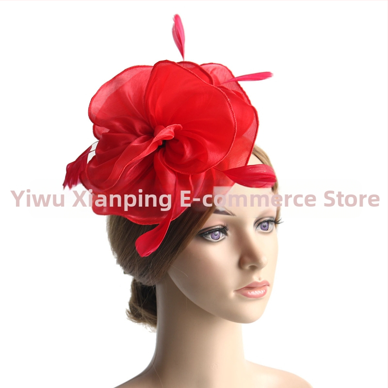 Galvas rotājums ar sietu, spalvu akcentiem un organza plīvuru, rokas darbs, stils Ruili, MSM-052, pielāgošana pieejama