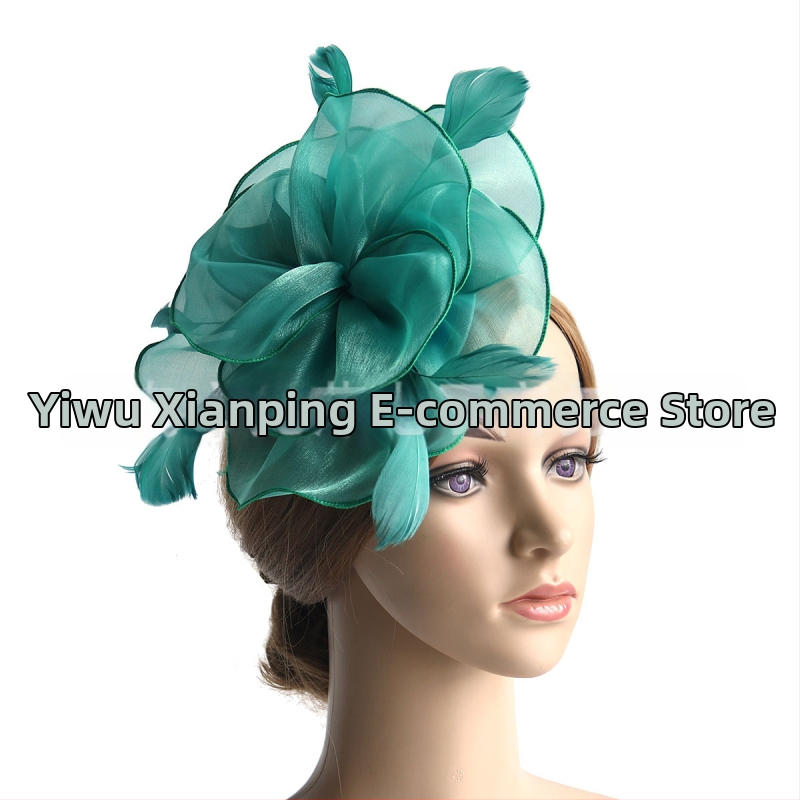 Galvas rotājums ar sietu, spalvu akcentiem un organza plīvuru, rokas darbs, stils Ruili, MSM-052, pielāgošana pieejama