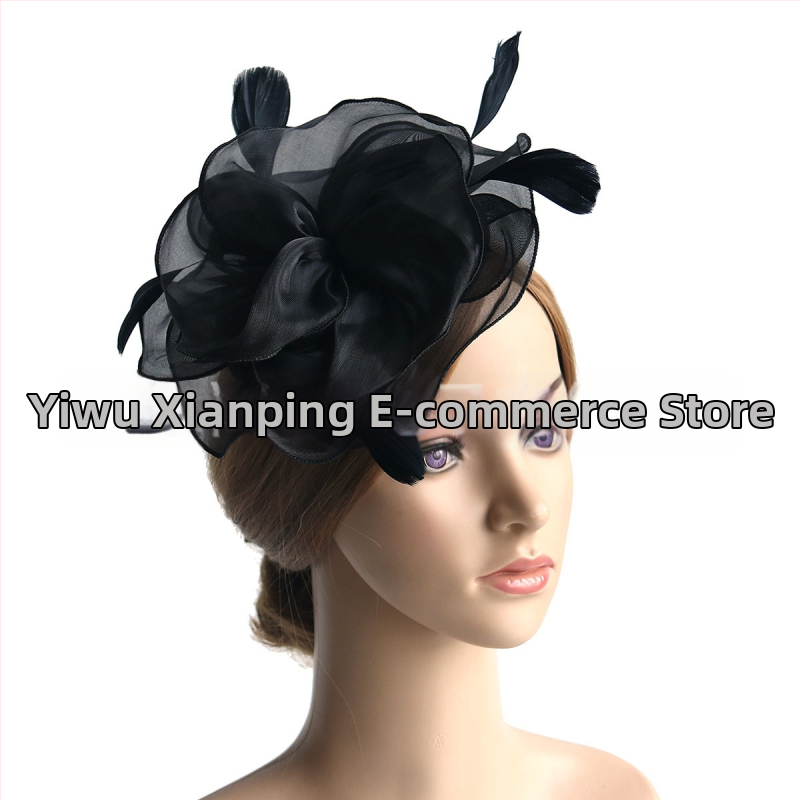 Galvas rotājums ar sietu, spalvu akcentiem un organza plīvuru, rokas darbs, stils Ruili, MSM-052, pielāgošana pieejama