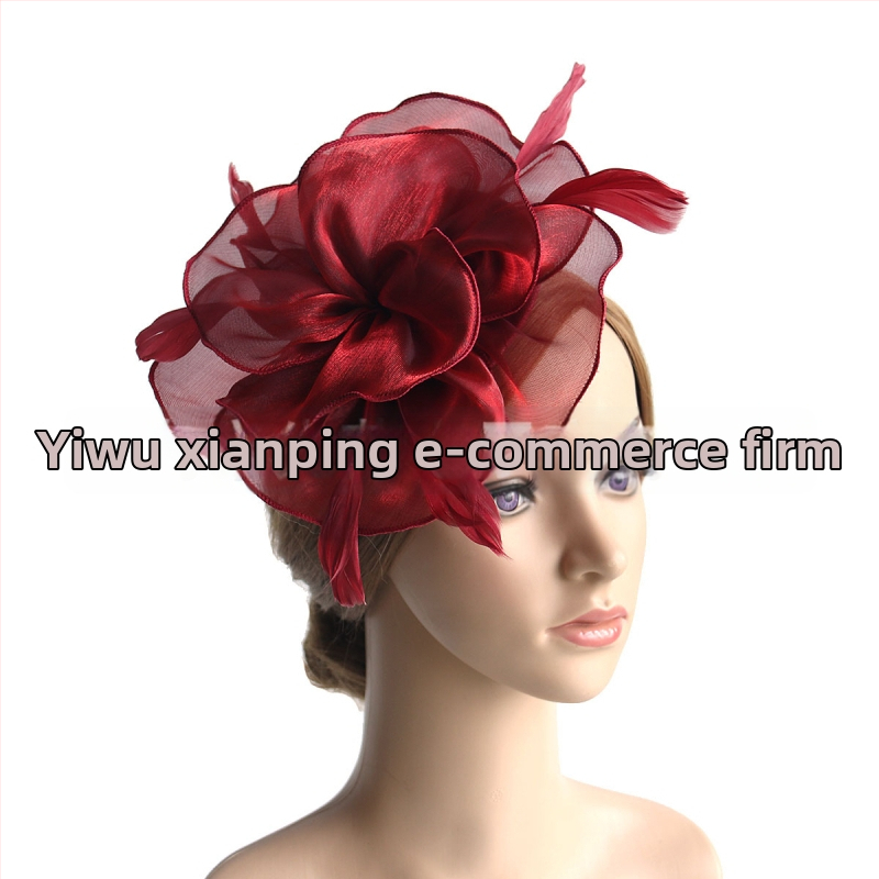 Galvas rotājums ar sietu, spalvu akcentiem un organza plīvuru, rokas darbs, stils Ruili, MSM-052, pielāgošana pieejama