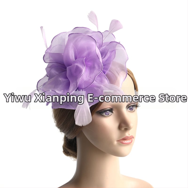 Galvas rotājums ar sietu, spalvu akcentiem un organza plīvuru, rokas darbs, stils Ruili, MSM-052, pielāgošana pieejama