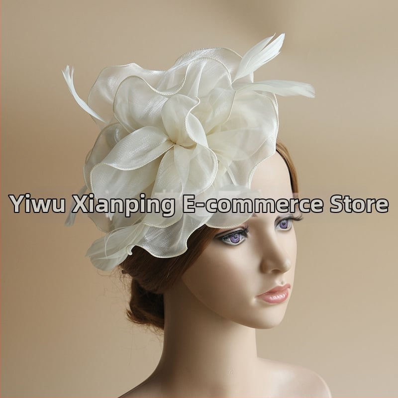 Galvas rotājums ar sietu, spalvu akcentiem un organza plīvuru, rokas darbs, stils Ruili, MSM-052, pielāgošana pieejama