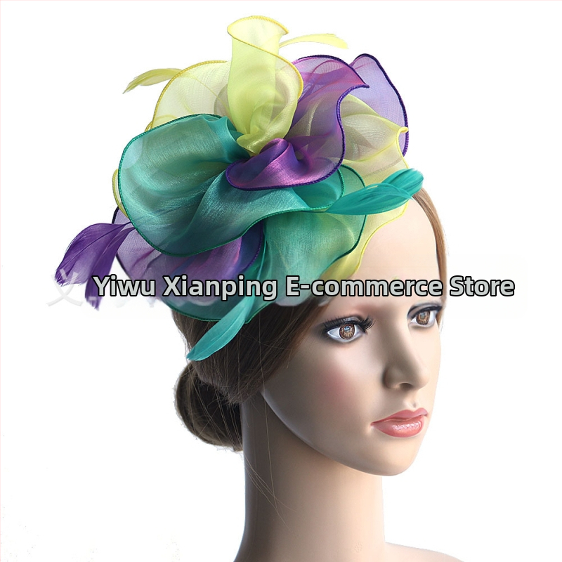 Galvas rotājums ar sietu, spalvu akcentiem un organza plīvuru, rokas darbs, stils Ruili, MSM-052, pielāgošana pieejama