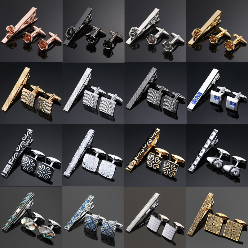 Kaklaraiščio segtuvas ir manžetų segtukai – varis, elektroplakavimas, geometrinis stilius, universalus, kodas LDJXK01