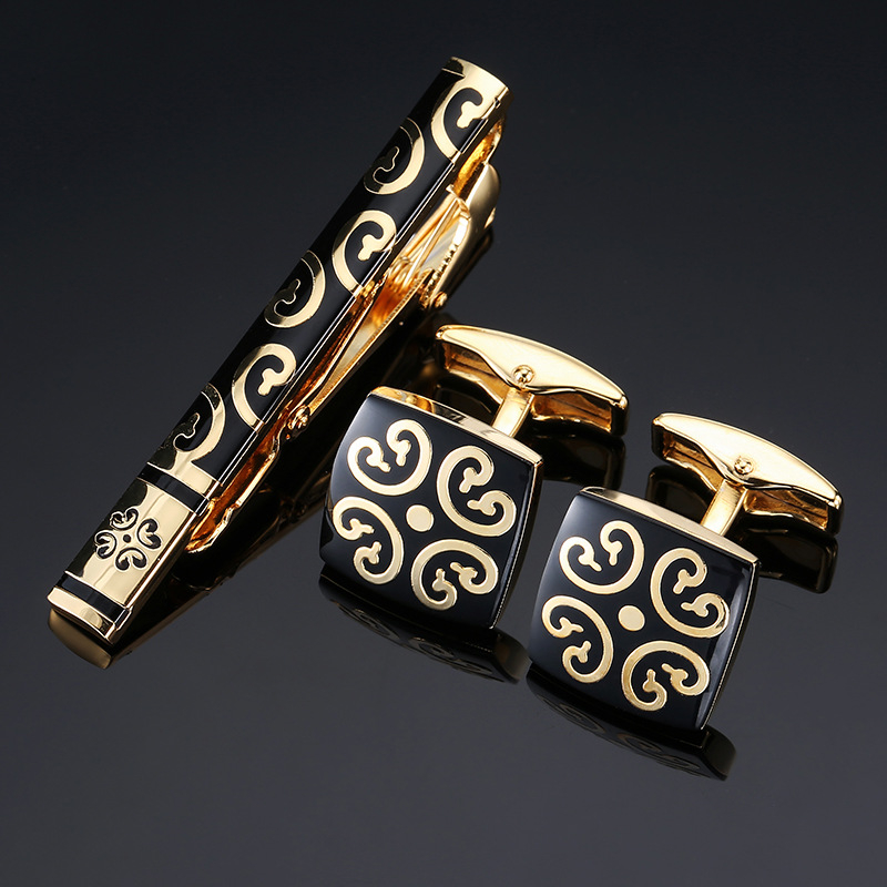 Kaklaraiščio segtuvas ir manžetų segtukai – varis, elektroplakavimas, geometrinis stilius, universalus, kodas LDJXK01