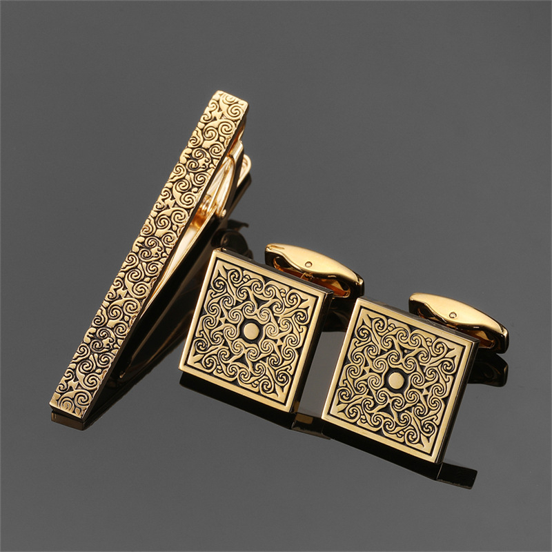 Kaklaraiščio segtuvas ir manžetų segtukai – varis, elektroplakavimas, geometrinis stilius, universalus, kodas LDJXK01