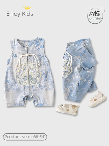 Tipo A kinų stiliaus vasaros romper berniukams, plonas poliesterio audinys, trumpomis rankovėmis, vienos eilės mygtukų užsegimas, amžius 1–3 metai